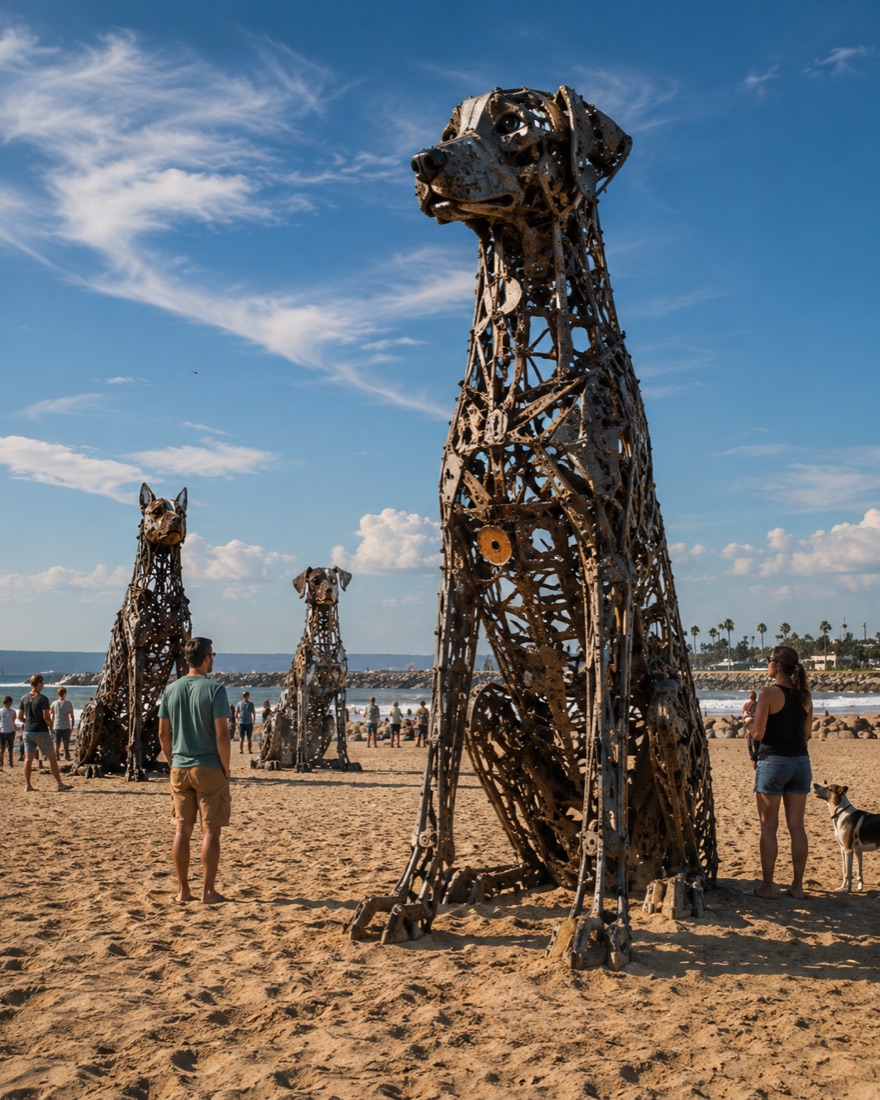 Temporary metal art installations staged on the sand as part of the Burning Dog concept.