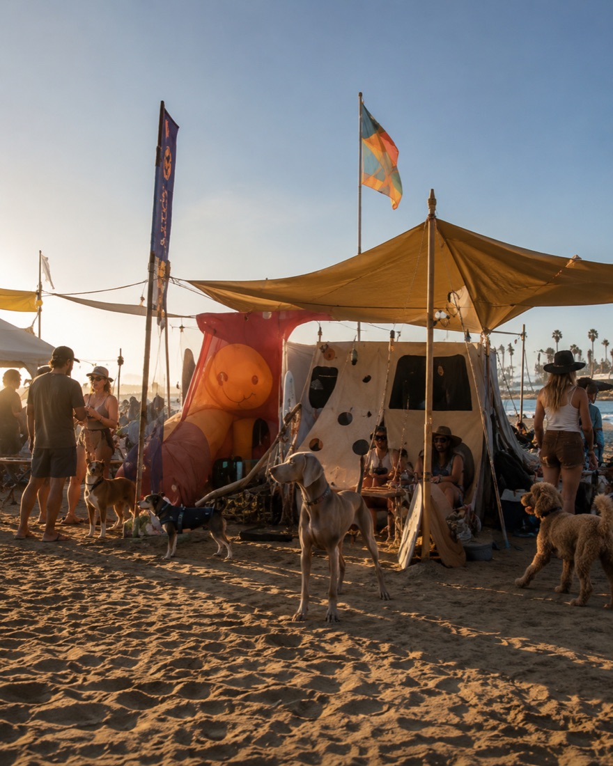 Temporary beach camp and shade structures inspired by a Burning Man-style community gathering at Ocean Beach Dog Beach.