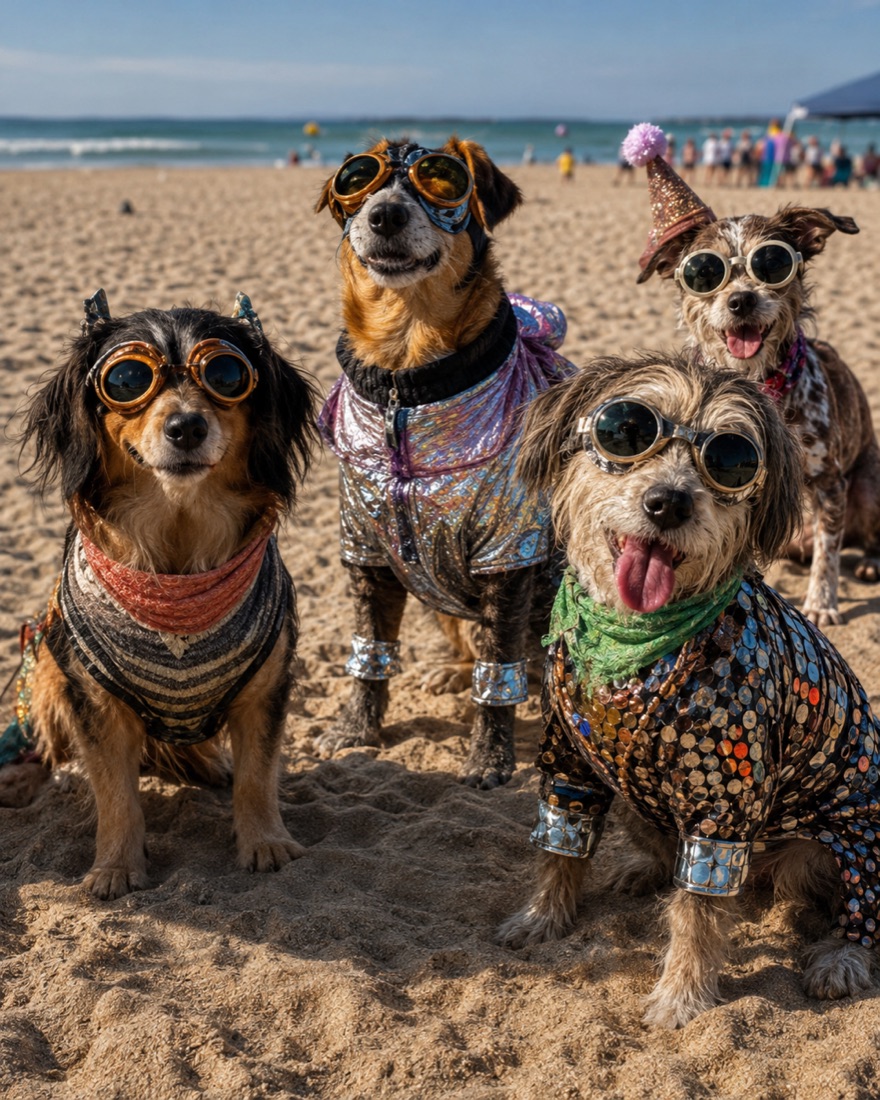 A row of dogs dressed in playful Burning Man-inspired festival costumes at Ocean Beach Dog Beach.