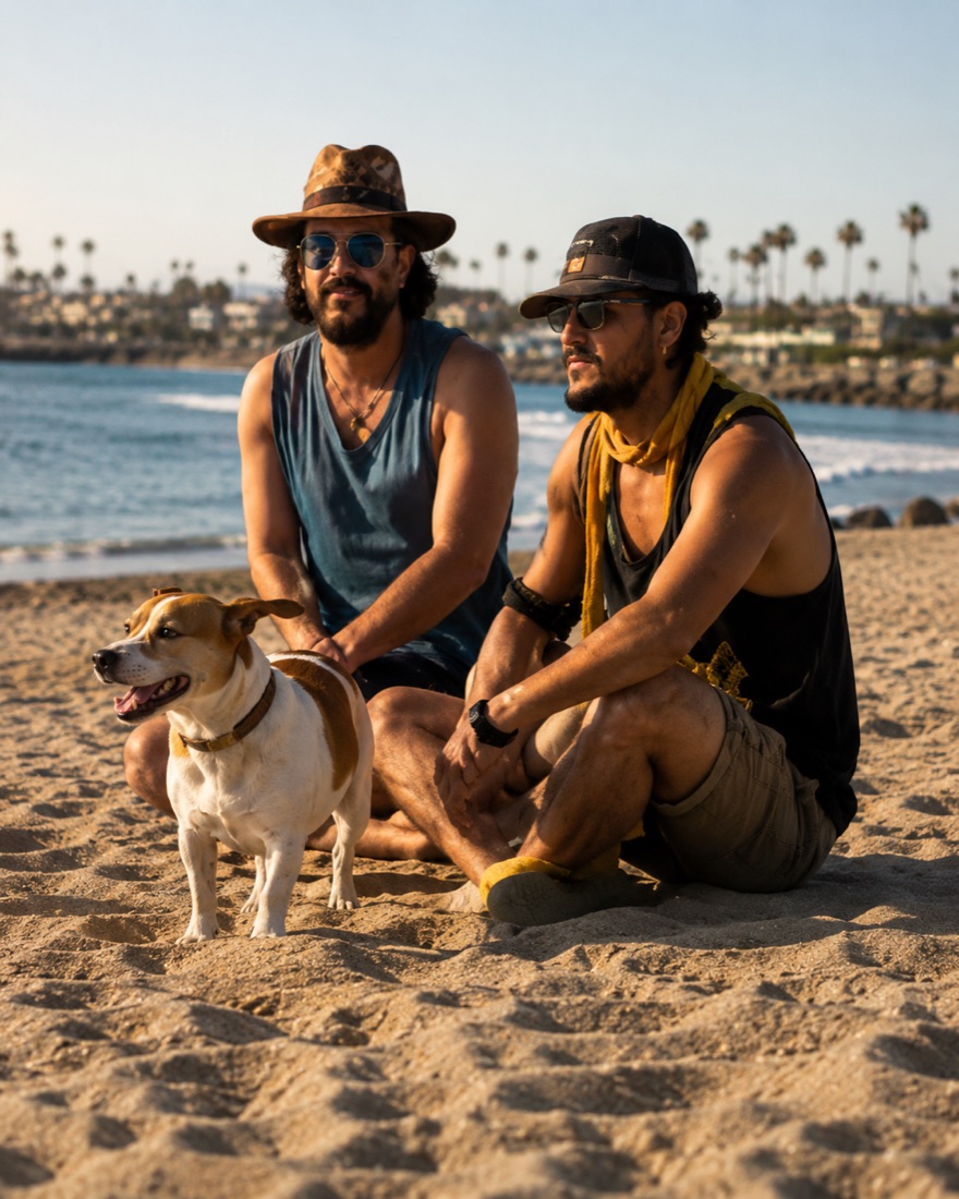 Local people and dogs relaxing on the sand near the water at Ocean Beach Dog Beach.