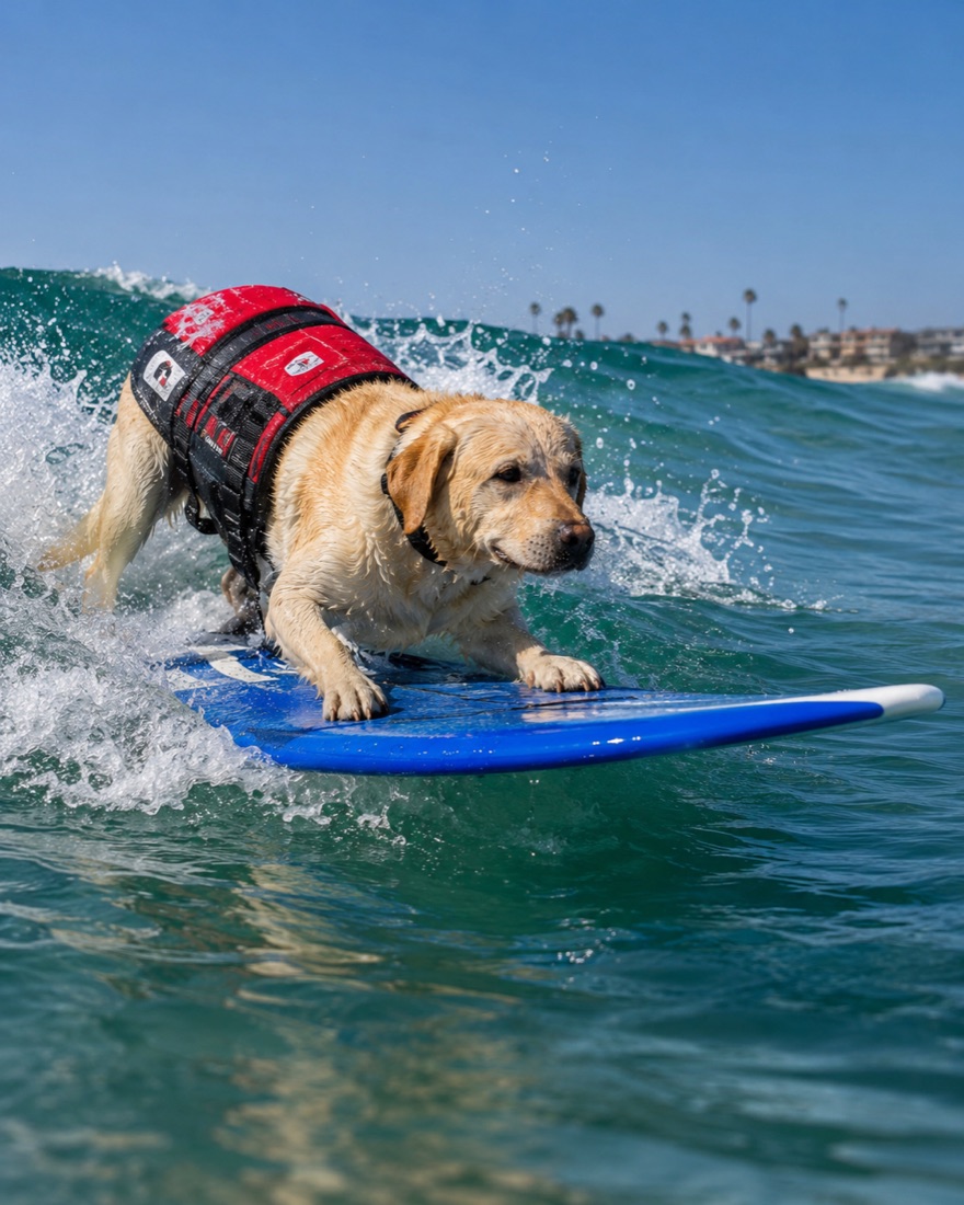 A dog surfing a small wave near the shore at Ocean Beach Dog Beach in San Diego.