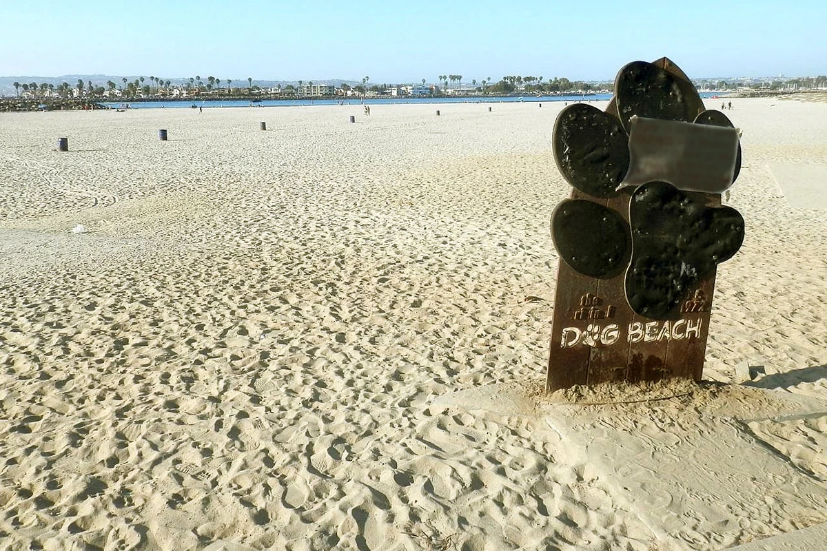 The Ocean Beach Dog Beach paw-print sign standing in the sand, overlooking the beach, the San Diego River mouth, the jetty, and the Point Loma coastline.